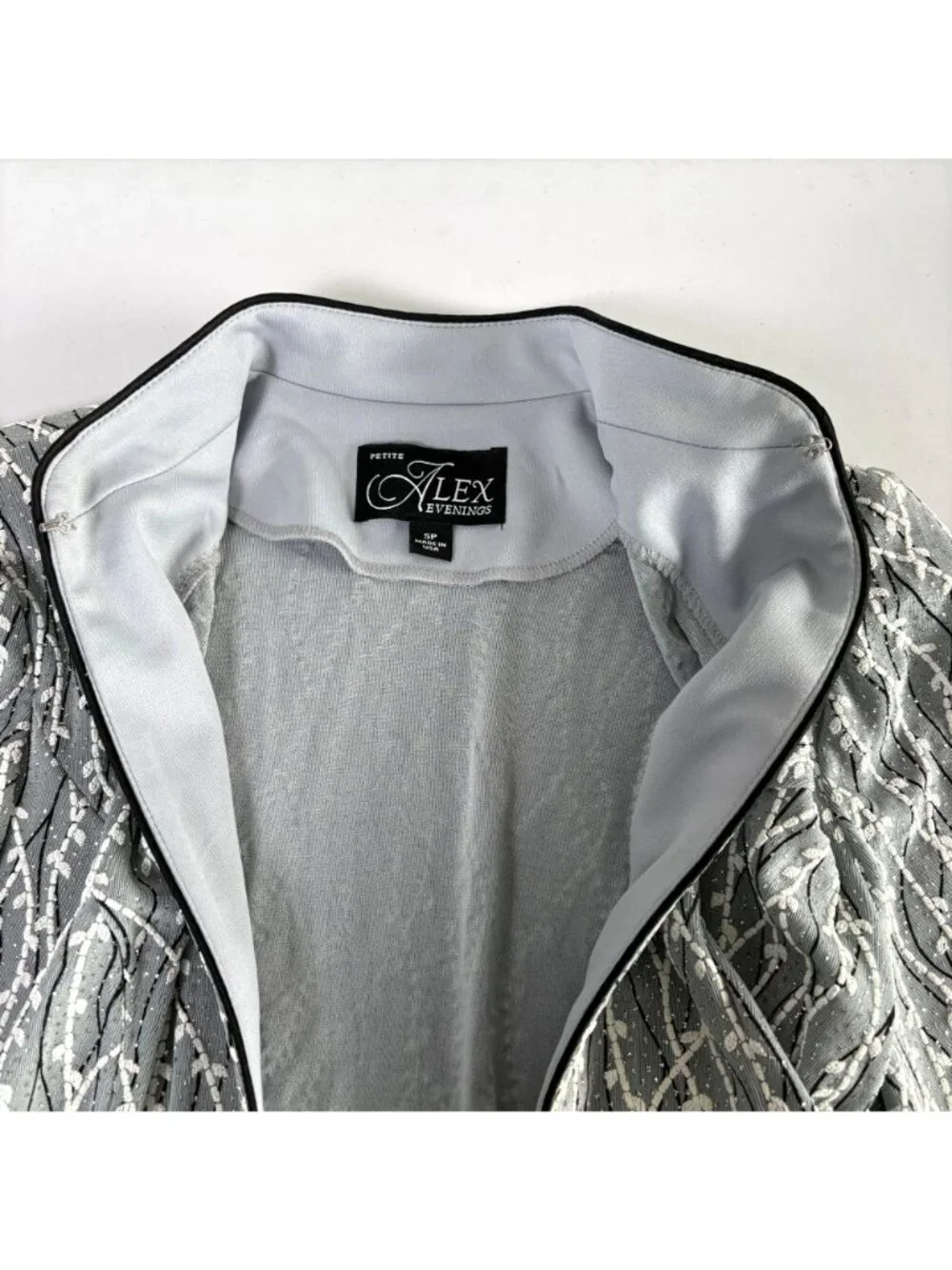 Alex Evenings Jacket Petite S SP Gray Black Metallic 3/4 Sleeves Mandarin Collar